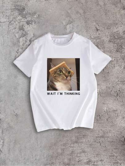 تيشيرتات بناتي تي شيرت T-shirt أبيض قصير الأكمام بياقة مستديرة للفتيات المراهقات مطبوع عليه رسم قطة ثلاثي الأبعاد ذو طبعة الوافل