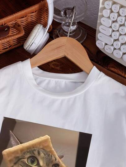 تيشيرتات بناتي تي شيرت T-shirt أبيض قصير الأكمام بياقة مستديرة للفتيات المراهقات مطبوع عليه رسم قطة ثلاثي الأبعاد ذو طبعة الوافل