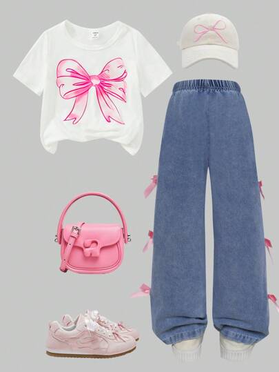 girls sets مجموعة قطعتين للفتيات المراهقات - تي شيرت بتصميم الفيونكة Y2K وبنطلون جينز 3D طويل القطع مناسب للصيف