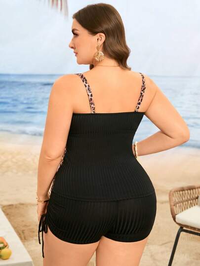 Swim Lushoire مجموعة ملابس المرأة ذات المقاسات الكبيرة قطعتين بتصميم كروب توب مطبوع بنقشة النمر مع حزام ربطة وشورت خصر عالي مربوط بسير، بيكيني شاطئي فاخر من الطراز الرجعي