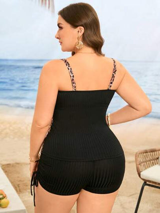 Swim Lushoire مجموعة ملابس المرأة ذات المقاسات الكبيرة قطعتين بتصميم كروب توب مطبوع بنقشة النمر مع حزام ربطة وشورت خصر عالي مربوط بسير، بيكيني شاطئي فاخر من الطراز الرجعي