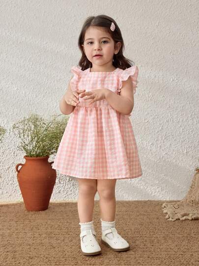 فساتين بيبي Blossori فستان بناتي ربيع/صيف أناقة فرنسية وردي مربع