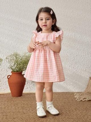 فساتين بيبي Blossori فستان بناتي ربيع/صيف أناقة فرنسية وردي مربع