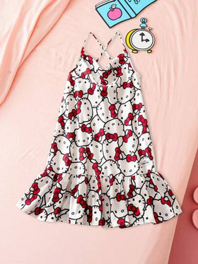 HELLO KITTY AND FRIENDS | SHEIN فستان بذلة مطبوع بقطة كرتونية مريح للفتيات في سن المراهقة