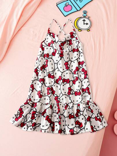 HELLO KITTY AND FRIENDS | SHEIN فستان بذلة مطبوع بقطة كرتونية مريح للفتيات في سن المراهقة