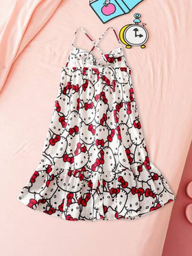 HELLO KITTY AND FRIENDS | SHEIN فستان بذلة مطبوع بقطة كرتونية مريح للفتيات في سن المراهقة