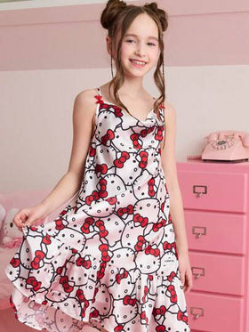 HELLO KITTY AND FRIENDS | SHEIN فستان بذلة مطبوع بقطة كرتونية مريح للفتيات في سن المراهقة