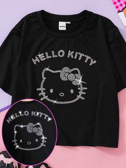 ملابس بناتي HELLO KITTY AND FRIENDS |  تي شيرت بأكمام قصيرة للبنات المراهقات بطبعة كريستالية سوداء، متعدد الاستخدامات