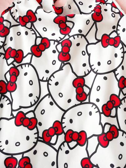 HELLO KITTY AND FRIENDS | SHEIN فستان بذلة مطبوع بقطة كرتونية مريح للفتيات في سن المراهقة