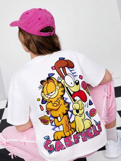 تيشيرتات بناتي GARFIELD X  تي شيرت قصير الأكمام كاجوال وجميل للبنات بطبعات الكلب الكرتوني الأبيض، والدونات والآيس كريم
