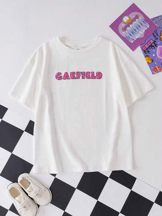 تيشيرتات بناتي GARFIELD X  تي شيرت قصير الأكمام كاجوال وجميل للبنات بطبعات الكلب الكرتوني الأبيض، والدونات والآيس كريم