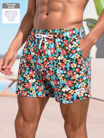 Manfinity Swimmode شورت شاطئ للرجال مطبوع بزخارف زهرية ، ذو خصر رباط تعديلي ، صيفي