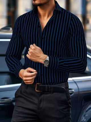 Manfinity Homme قميص كاجوال للرجال بأكمام طويلة مخطط، للأعمال والتنقل