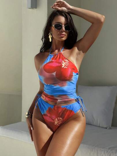 طقم تانكيني حريمي Swim SPRTY طقم جديد للنساء ذو طبعة زهور جذابة،بيكيني من قطعتين، ملابس علوية مرفوع الصدر بتصميم ظهر مكشوف وأربطة قابلة للتعديل