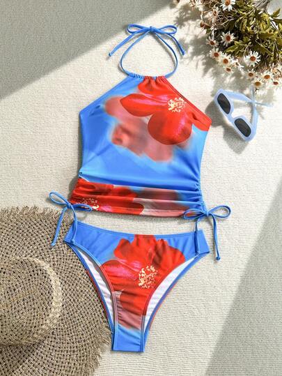 طقم تانكيني حريمي Swim SPRTY طقم جديد للنساء ذو طبعة زهور جذابة،بيكيني من قطعتين، ملابس علوية مرفوع الصدر بتصميم ظهر مكشوف وأربطة قابلة للتعديل