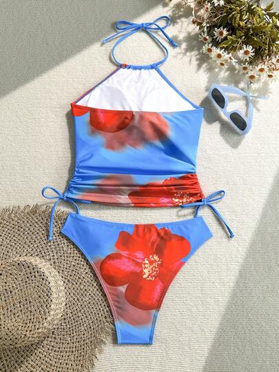 طقم تانكيني حريمي Swim SPRTY طقم جديد للنساء ذو طبعة زهور جذابة،بيكيني من قطعتين، ملابس علوية مرفوع الصدر بتصميم ظهر مكشوف وأربطة قابلة للتعديل