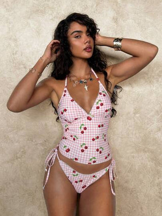 طقم تانكيني حريمي Swim Glamine طقم بكيني بطبعة شبكية من الكرز الحلو