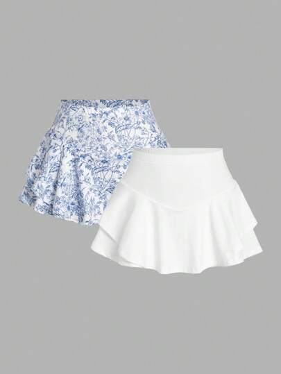SHEIN EZwear طقم شورتات بطبعة زرقاء وبيضاء للنساء ، صيفي، قطعتان