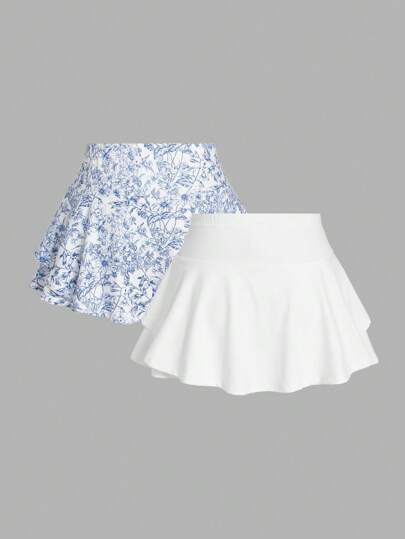 SHEIN EZwear طقم شورتات بطبعة زرقاء وبيضاء للنساء ، صيفي، قطعتان