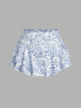 SHEIN EZwear طقم شورتات بطبعة زرقاء وبيضاء للنساء ، صيفي، قطعتان