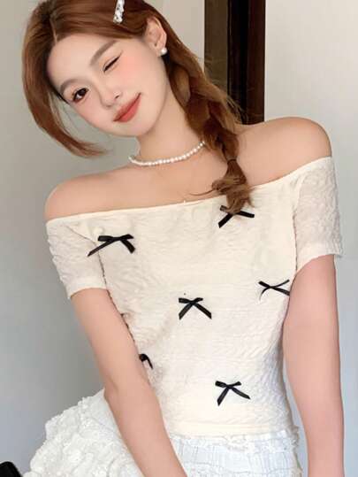 ملابس بناتي تي شيرت T-shirt منسوج بغرزة جاكارد برباط على كتف الفتيات المراهقات، خروج، عملي أنيق، للصيف