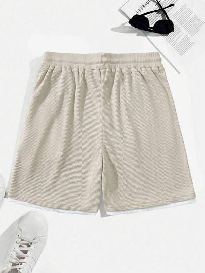 Manfinity Homme شورت رجالي كاجوال قطني ذو نسيج شبكي منقوش بألوان متباينة بتصميم ملائم لأيام الإجازة ، شورت رجالي كاجوال قطني ذو نسيج شبكي منقوش بألوان متباينة بتصميم ملائم لأيام الإجازة