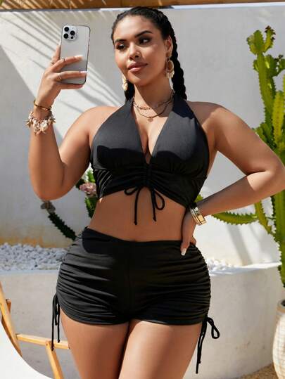 طقم تانكيني حريمي Slaydiva ملابس سباحة مكونة من 2 قطعة لحجم كبير للنساء، ملابس علوية علوية ذات صدرية وياقة على شكل V مع ربطة جانبية وسروال داخلي، مناسبة للعطلات والشاطئ والمسبح