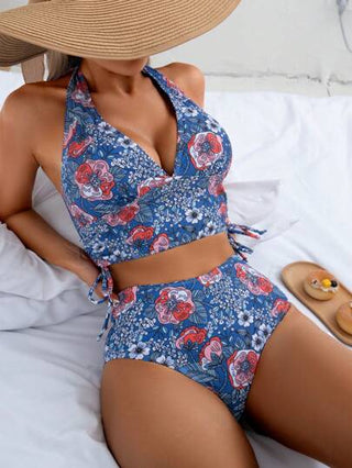 طقم تانكيني حريمي Swim Vcay طقم صدرية هلتر وبكيني مثلث مطبوع بطبعة استوائية، شائع