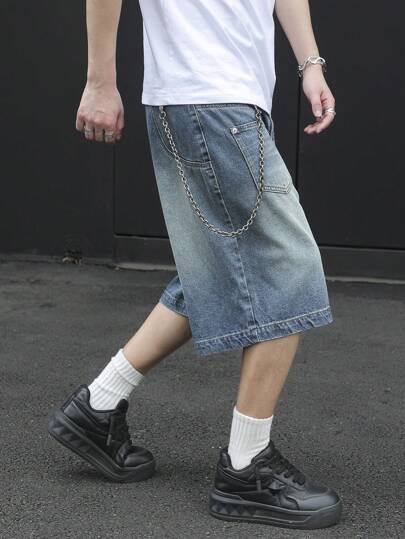 Manfinity EMRG شورت جينز كاجوال واسع مريح ذو جيب للرجال، مناسب للصيف