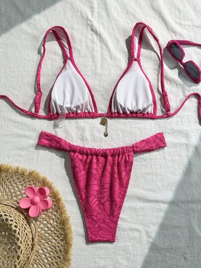 Swim Chiccia 2 قطعة مجموعة ملابس شاطئية للنساء للعطلة الربيعية، بكيني مصنوع من قماش ذو ملمس خاص بلون واحد مثلث مع علاقة، إطلالة صيفية
