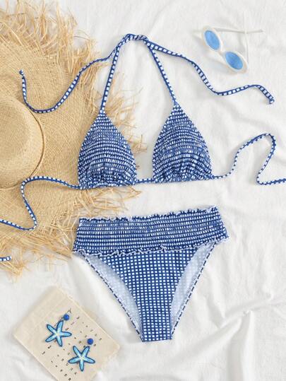 طقم تانكيني حريمي Swim Vcay طقم ملابس سباحة بطانيات زرقاء وبيضاء طباعة رسمية مريحة للإجازة للنساء