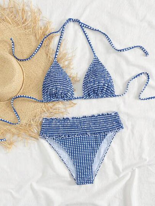 طقم تانكيني حريمي Swim Vcay طقم ملابس سباحة بطانيات زرقاء وبيضاء طباعة رسمية مريحة للإجازة للنساء