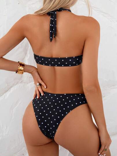 طقم تانكيني حريمي Swim مجموعة بكيني نسائية طباعة نقاط الفيترية عالية المرونة، ملابس علوية تانكيني بقصة هولتر وبطن بيكيني جذاب، للاستخدام في حمام السباحة والشاطئ الصيفي والعطلات