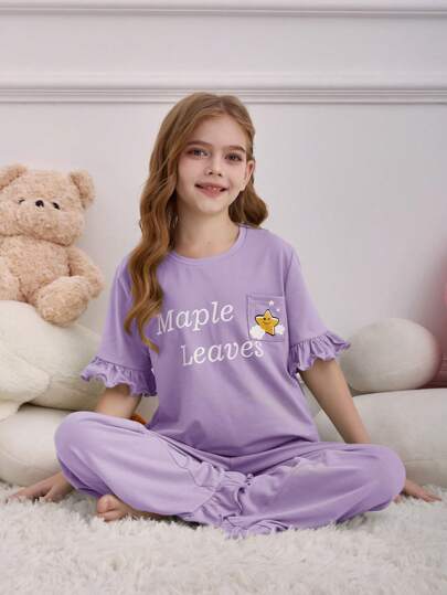 بيجاما مجموعة بنطلون وتي شيرت كاجول مريح مرن ذو طبعة حرفية لفتاة المراهقة ، 2 قطعة/طقم
