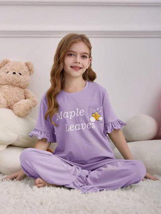 بيجاما مجموعة بنطلون وتي شيرت كاجول مريح مرن ذو طبعة حرفية لفتاة المراهقة ، 2 قطعة/طقم