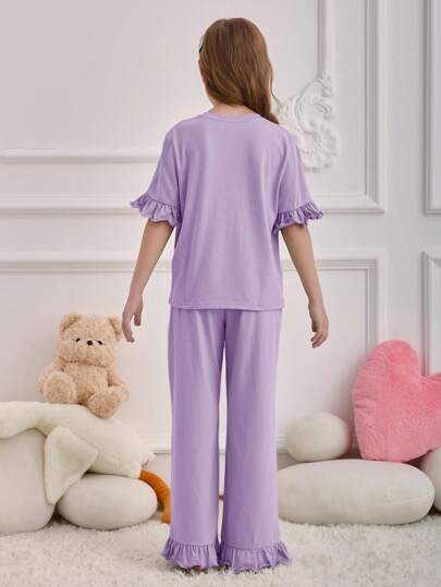 بيجاما مجموعة بنطلون وتي شيرت كاجول مريح مرن ذو طبعة حرفية لفتاة المراهقة ، 2 قطعة/طقم