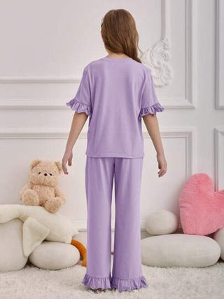 بيجاما مجموعة بنطلون وتي شيرت كاجول مريح مرن ذو طبعة حرفية لفتاة المراهقة ، 2 قطعة/طقم