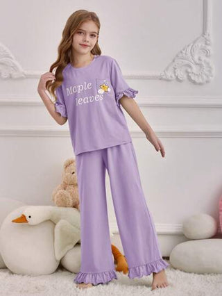 بيجاما مجموعة بنطلون وتي شيرت كاجول مريح مرن ذو طبعة حرفية لفتاة المراهقة ، 2 قطعة/طقم