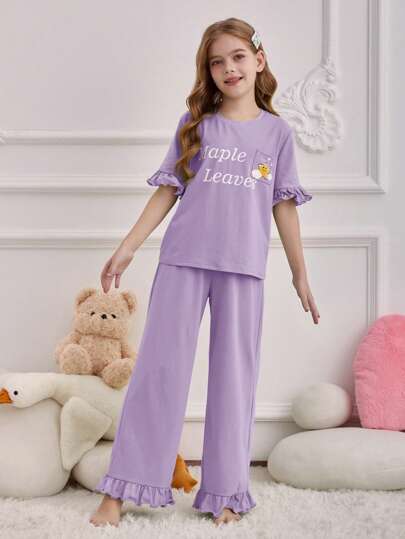 بيجاما مجموعة بنطلون وتي شيرت كاجول مريح مرن ذو طبعة حرفية لفتاة المراهقة ، 2 قطعة/طقم