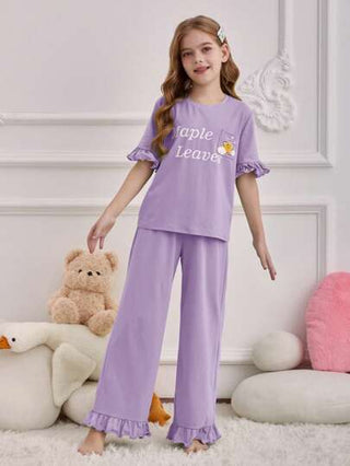 بيجاما مجموعة بنطلون وتي شيرت كاجول مريح مرن ذو طبعة حرفية لفتاة المراهقة ، 2 قطعة/طقم