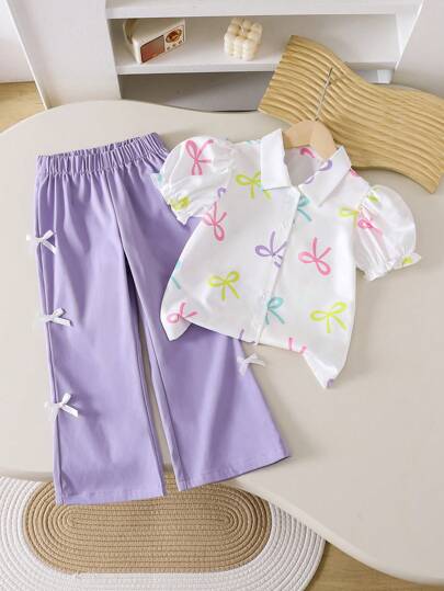 SHEIN Genkimix Kids 2 قطعة / مجموعة بدلة أنيقة تتكون من قميص بأكمام قصيرة وبنطلون، مناسبة للصيف، للفتاة الصغيرة