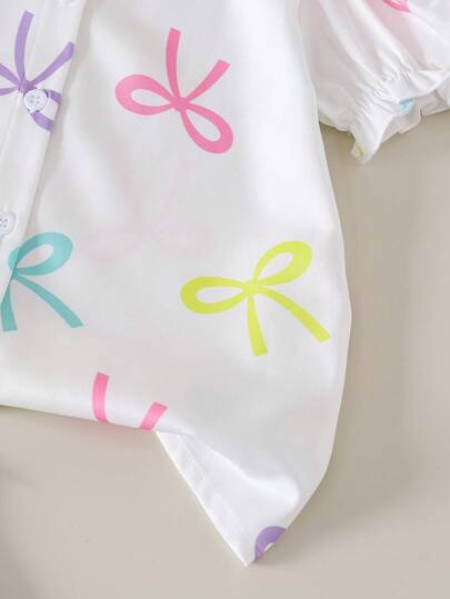 SHEIN Genkimix Kids 2 قطعة / مجموعة بدلة أنيقة تتكون من قميص بأكمام قصيرة وبنطلون، مناسبة للصيف، للفتاة الصغيرة