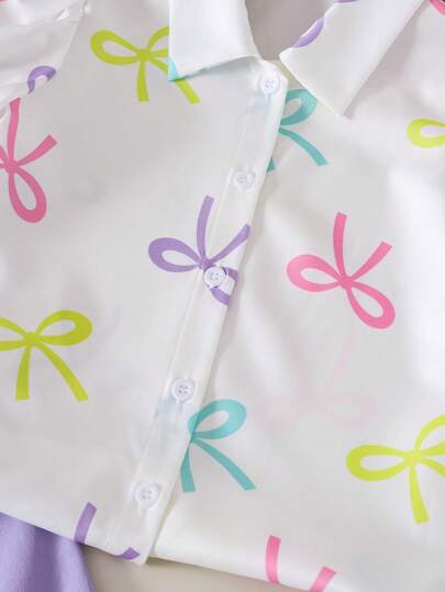 SHEIN Genkimix Kids 2 قطعة / مجموعة بدلة أنيقة تتكون من قميص بأكمام قصيرة وبنطلون، مناسبة للصيف، للفتاة الصغيرة