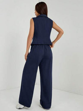 SHEIN PETITE طقم ملابس خريفي قطعتين مكون من توب بلا أكمام وبنطلون بلون واحد قطعتان/مجموعة، ملابس خريفية للنساء