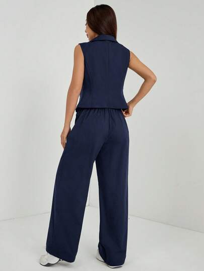 SHEIN PETITE طقم ملابس خريفي قطعتين مكون من توب بلا أكمام وبنطلون بلون واحد قطعتان/مجموعة، ملابس خريفية للنساء