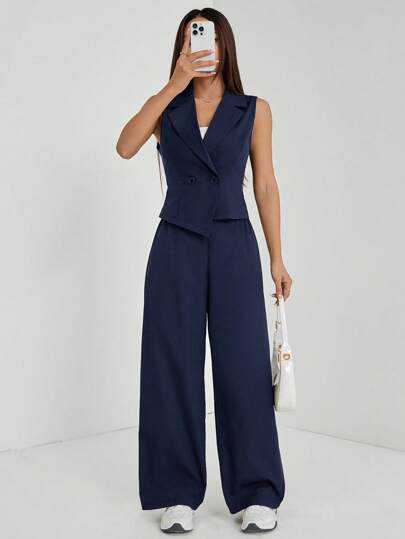 SHEIN PETITE طقم ملابس خريفي قطعتين مكون من توب بلا أكمام وبنطلون بلون واحد قطعتان/مجموعة، ملابس خريفية للنساء