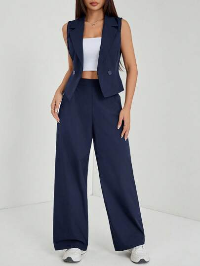 SHEIN PETITE طقم ملابس خريفي قطعتين مكون من توب بلا أكمام وبنطلون بلون واحد قطعتان/مجموعة، ملابس خريفية للنساء