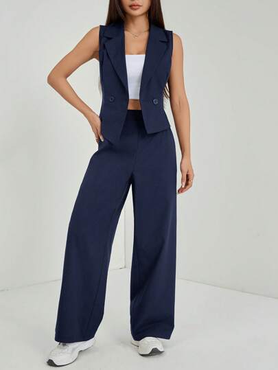 SHEIN PETITE طقم ملابس خريفي قطعتين مكون من توب بلا أكمام وبنطلون بلون واحد قطعتان/مجموعة، ملابس خريفية للنساء