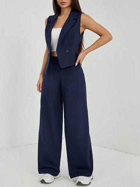 SHEIN PETITE طقم ملابس خريفي قطعتين مكون من توب بلا أكمام وبنطلون بلون واحد قطعتان/مجموعة، ملابس خريفية للنساء
