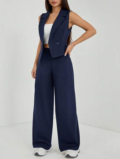 SHEIN PETITE طقم ملابس خريفي قطعتين مكون من توب بلا أكمام وبنطلون بلون واحد قطعتان/مجموعة، ملابس خريفية للنساء